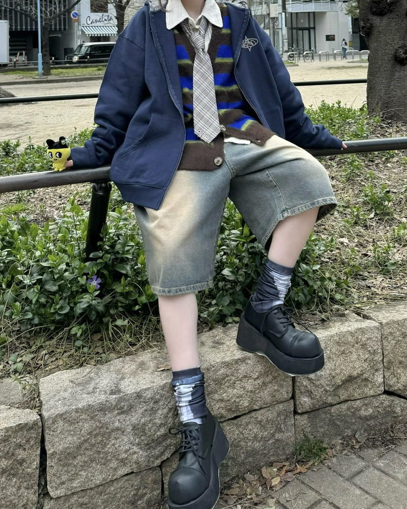 受注制【Never mind the XU】vintage wash denim half pants