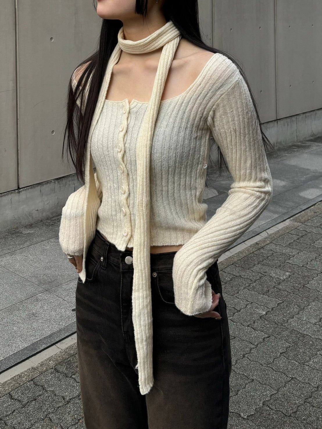 【Chikashitsu + LADIES】scarf set cropped knit tops (2color)
