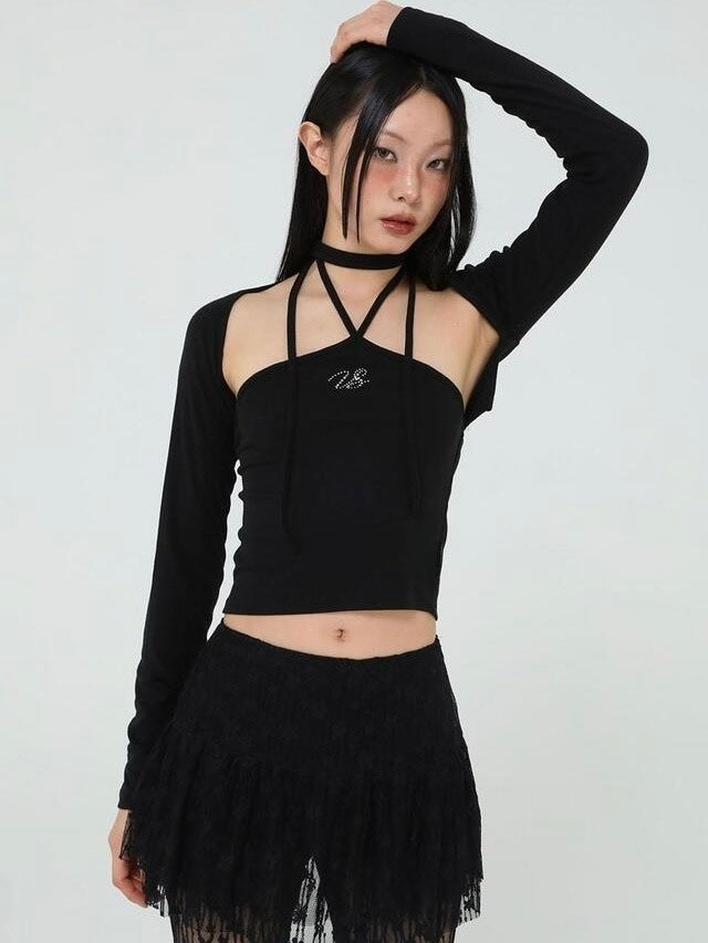 【Uglyshadow】BEADS TIE CARDIGAN SET / 【アグリーシャドウ】ビーズネクタイセット長袖カーディガン