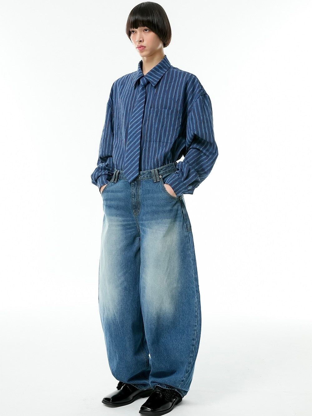 【ESC STUDIO】stripe laser washing denim baggy pants
