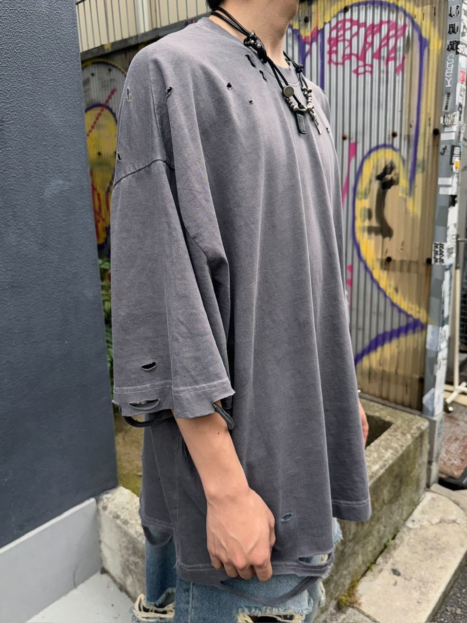 受注制【Never mind the XU】damage oversized tee (2color)