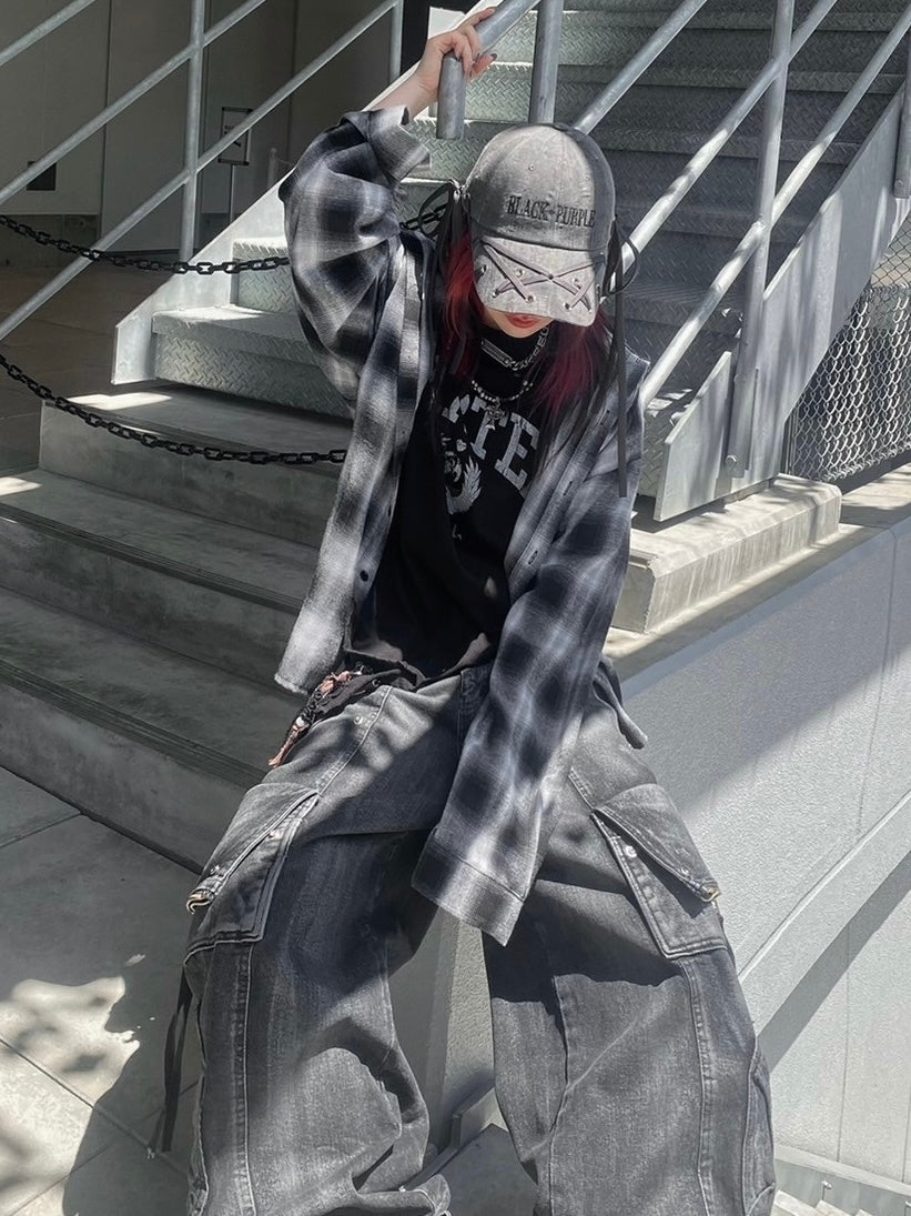 受注制【Never mind the XU】check hood shirt / 【ネバーマインドザエックスユー】チェックフード長袖シャツ