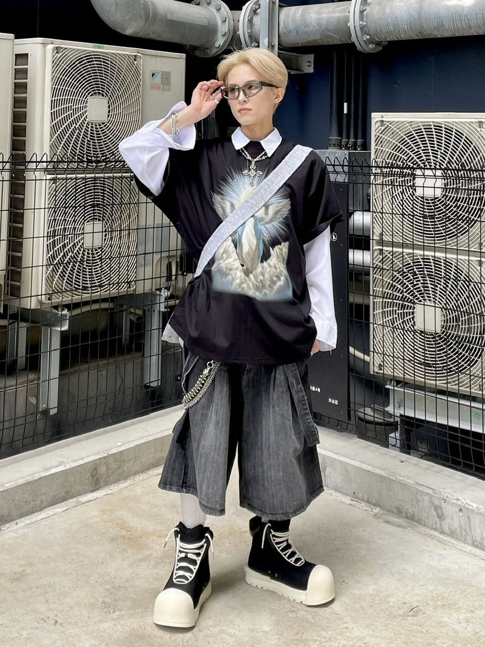 受注制【Never mind the XU】strap denim half pants (2color)