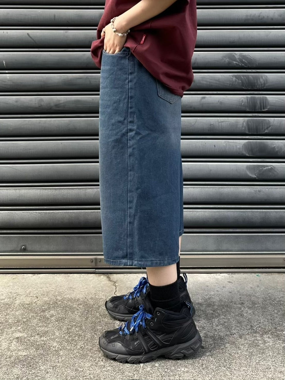 【Chikashitsu +】vintage wash wide denim half pants (2color)
