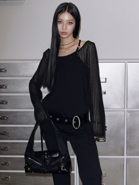 【NOT KNOWING】Net Sleeve Neck Strap O-Ring Top