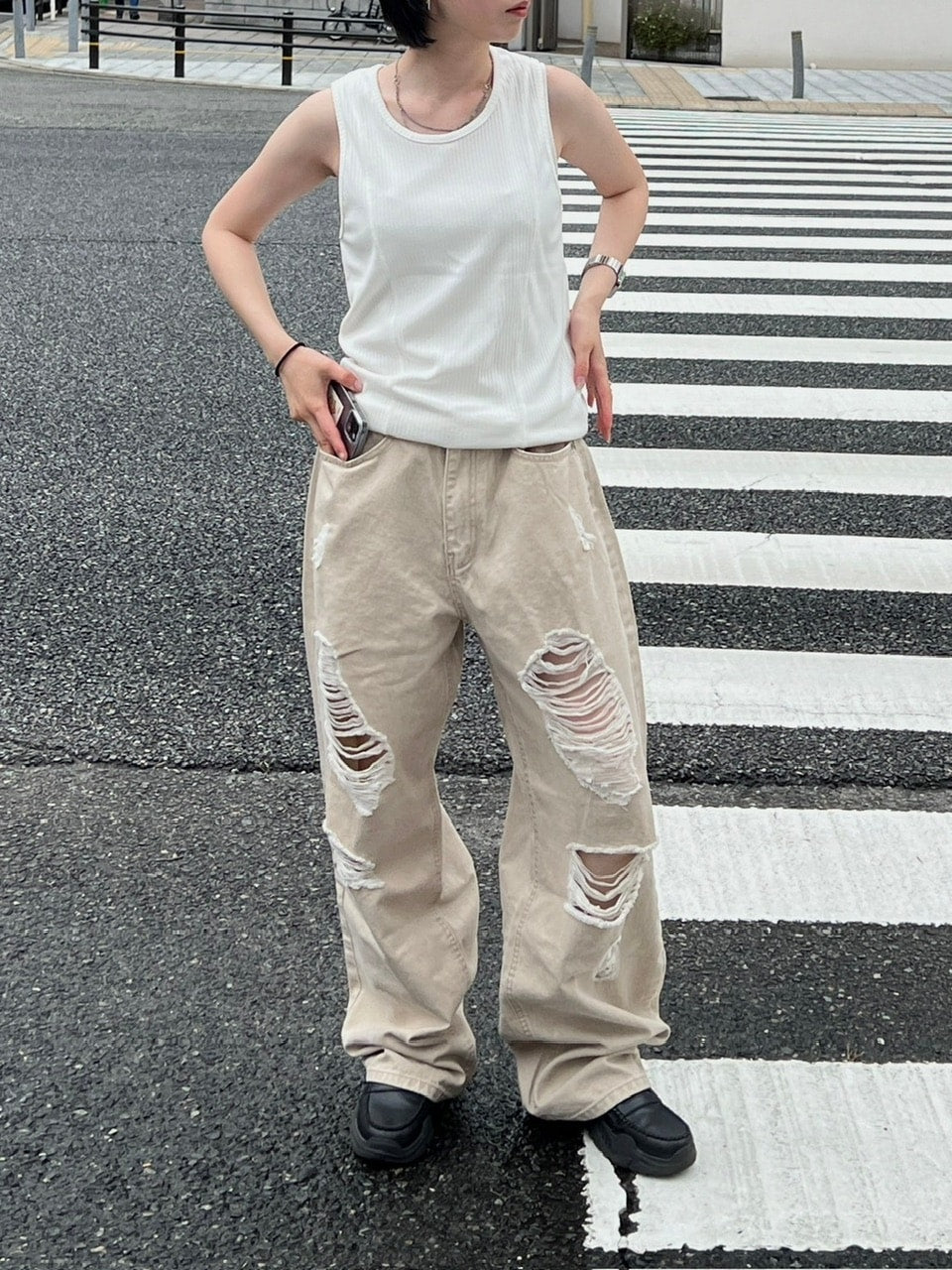 受注制【Chikashitsu +】damage cotton volume pants