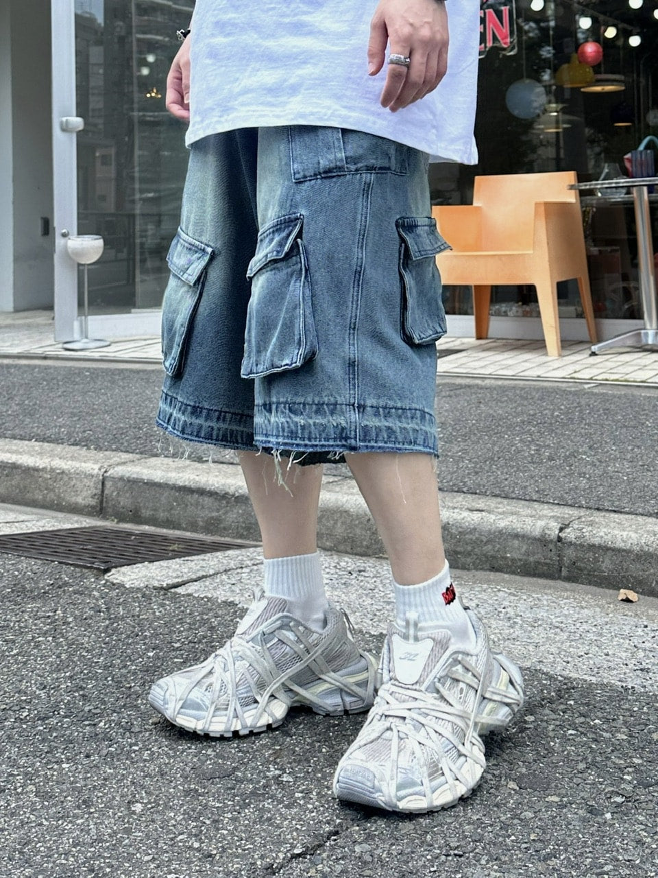 大阪店WEB限定受注制【Chikashitsu +】multi pocket denim half pants (2color)