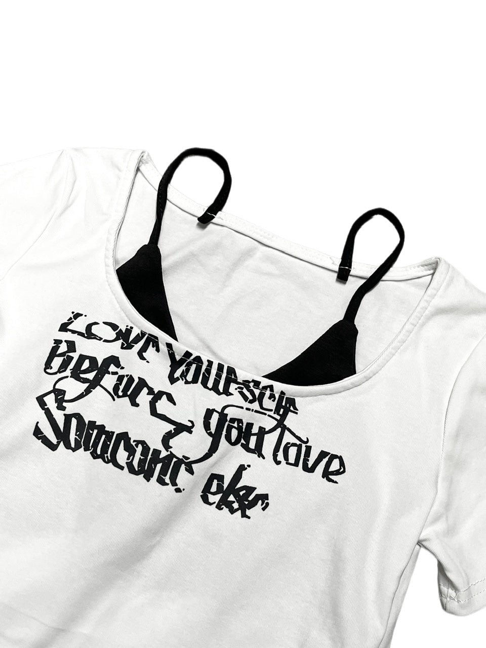 受注制【Never mind the XU】lettrering layered cropped tee (3color) / 【ネバーマインドザエックスユー】レタリングレイヤードクロップドロゴプリント半袖Tシャツ