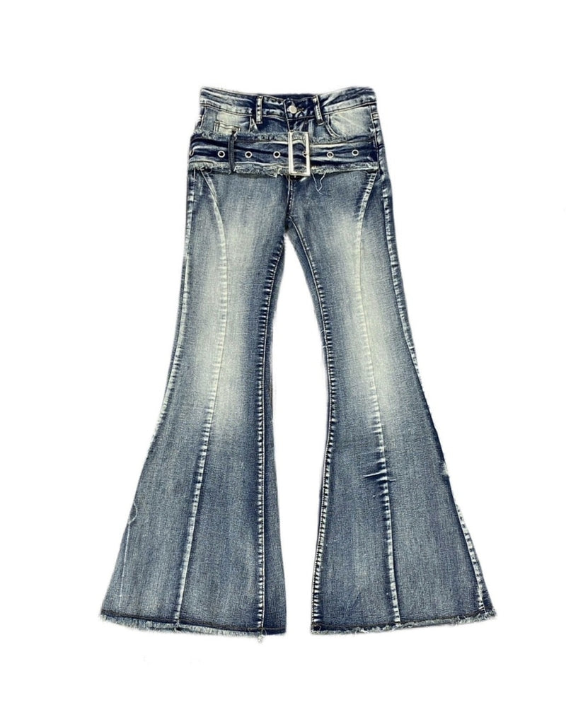 国際配送【Never mind the XU】belt flare denim pants 2 (2color)