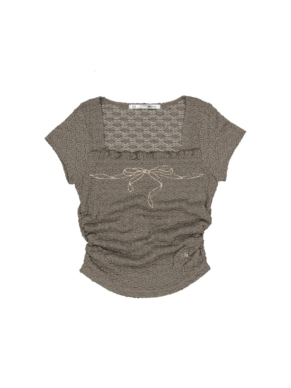 【SETUP‐EXE】FRILL BOW CROP TOP / 【セットアップエグゼ】フリルクロップリボンロゴプリント半袖Tシャツ