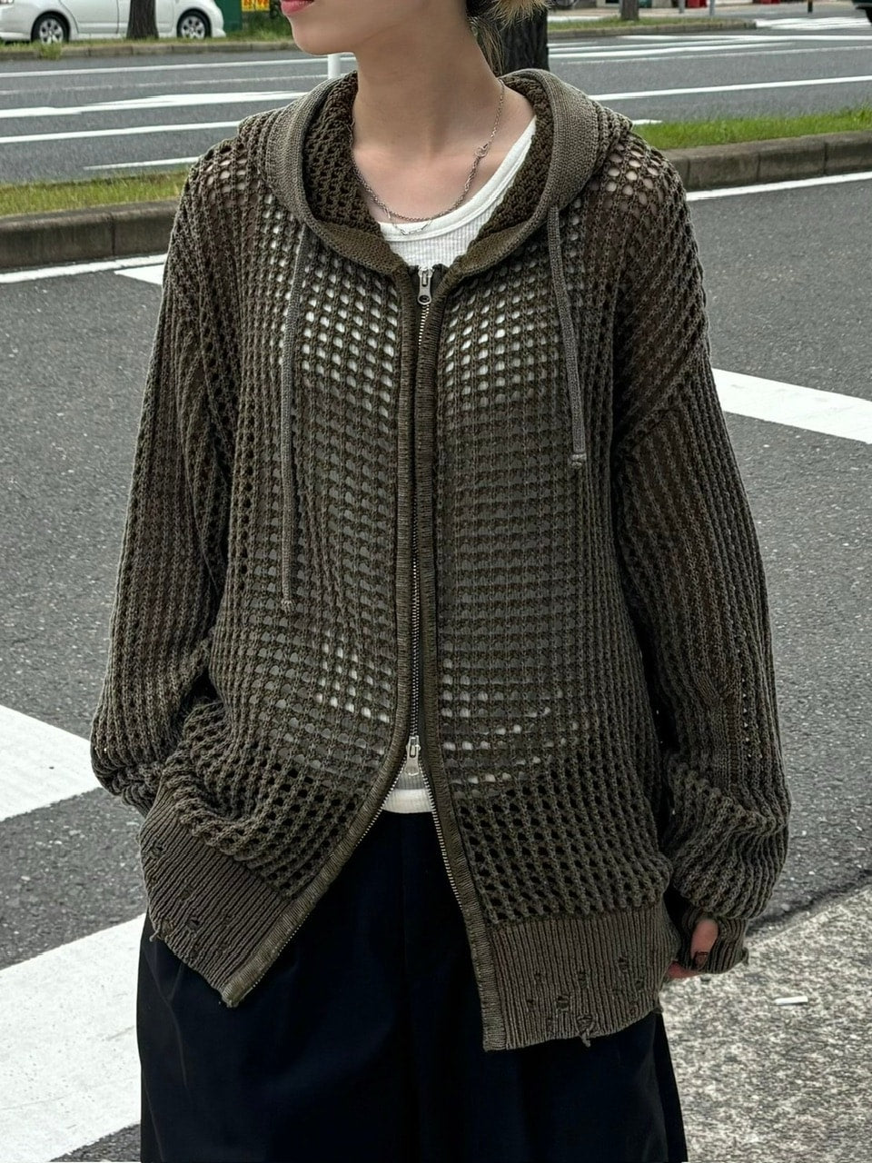 大阪店WEB限定受注制【Chikashitsu +】mesh zip damage hoodie (2color) / 【チカシツプラス】メッシュダメージジップアップ長袖パーカー