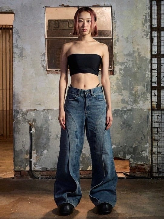 stuka レイブパンツ ワイド フレア ブルー パイピング 90s Y2K IFEELLUCKY】Wide flare placket pants – PRESSING WEB SHOP