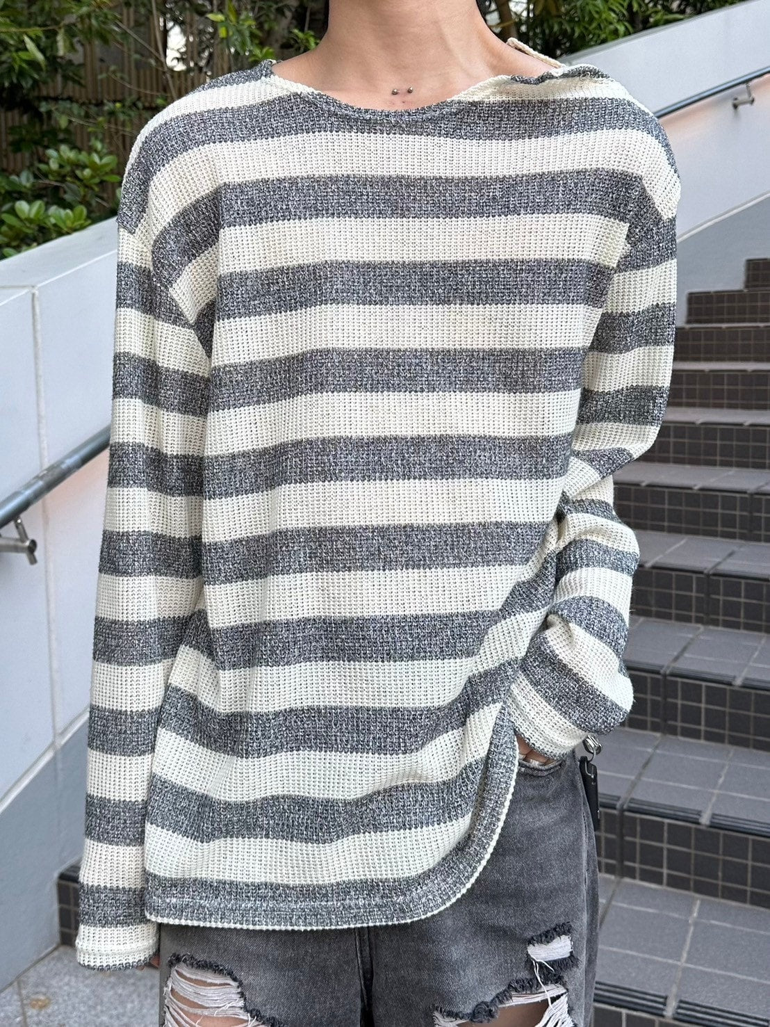 受注制【LUV CODE】snap button stripe knit (2color)
