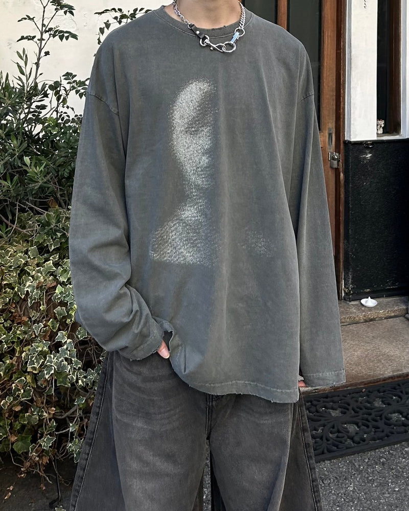 【Chikashitsu +】oversized shadow print damage long sleeve (2color) / 【チカシツプラス】オーバーサイズシャドウプリントダメージ長袖Tシャツ