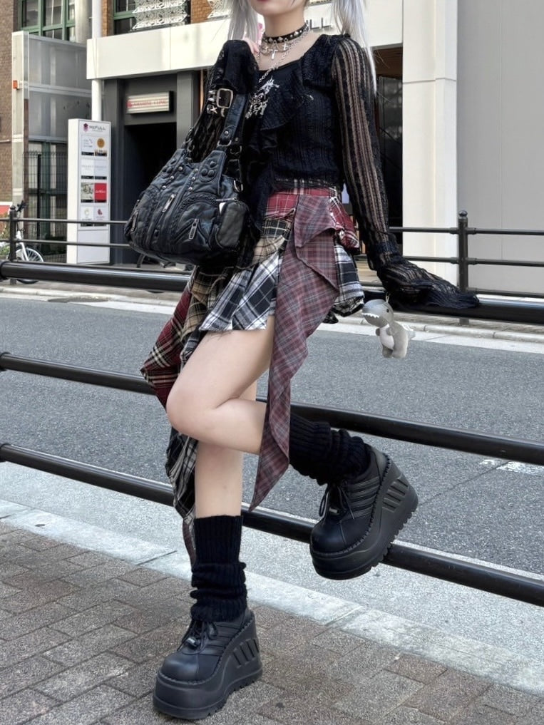 受注制【Never mind the XU】asymmetry check skirt / 【エックスユー ドッグ】アシンメトリーレイヤードチェックミニスカート