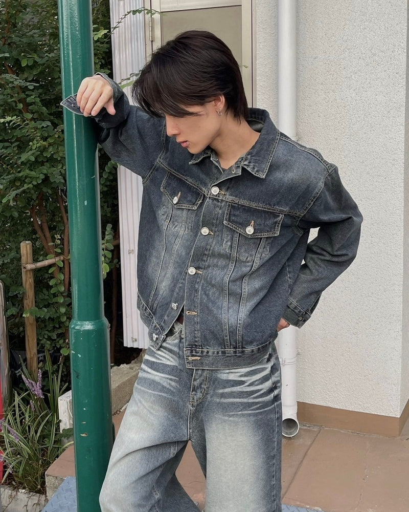 受注制【Chikashitsu +】vintage wash denim jacket 2 (2color)