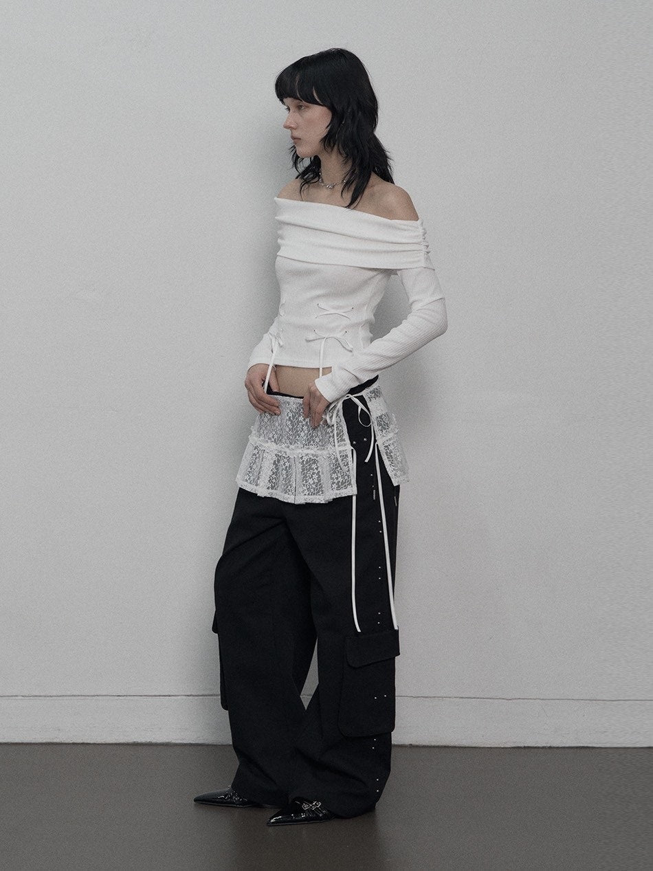 【SETUP-EXE】CORSET OFF-SHOULDER TOP / 【セットアップエグゼ】コルセットリボンオフショルダー長袖Tシャツ