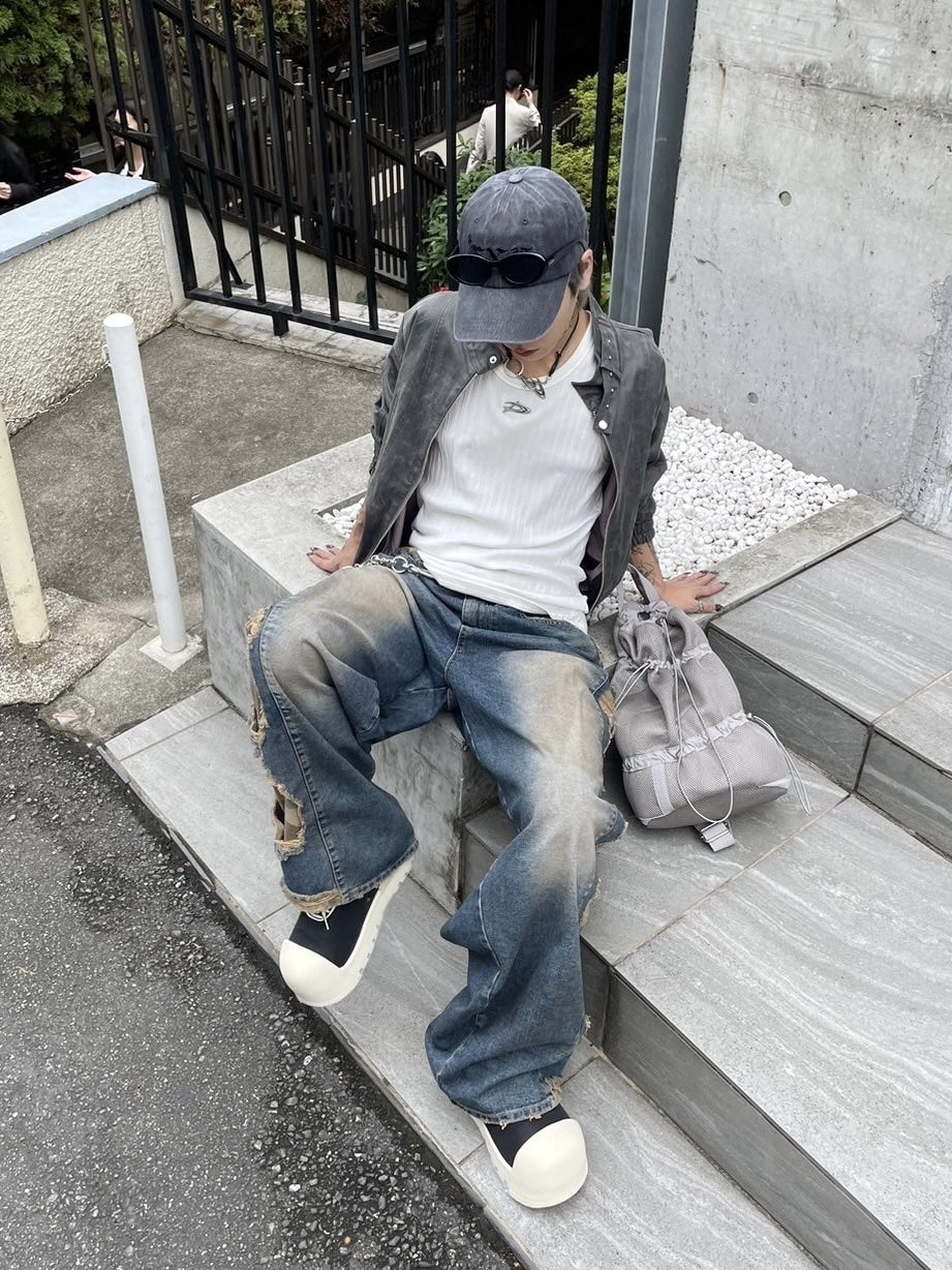 受注制【Never mind the XU】camouflage side damage denim pants (2color) / 【ネバーマインドザエックスユー】カモフラージュサイドダメージワイドデニムパンツ