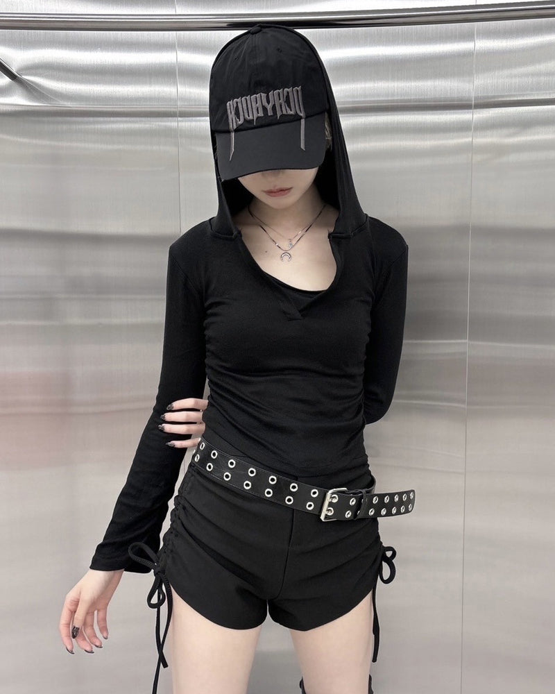 受注制【nmtc +】crop shirring hooded long sleeve (3color)