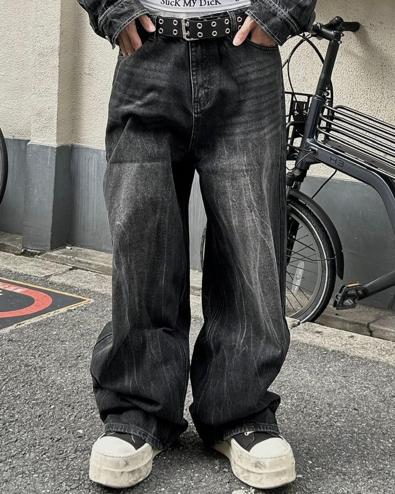 大阪店WEB限定受注制【Chikashitsu +】vintage wash wide denim pants (black)
