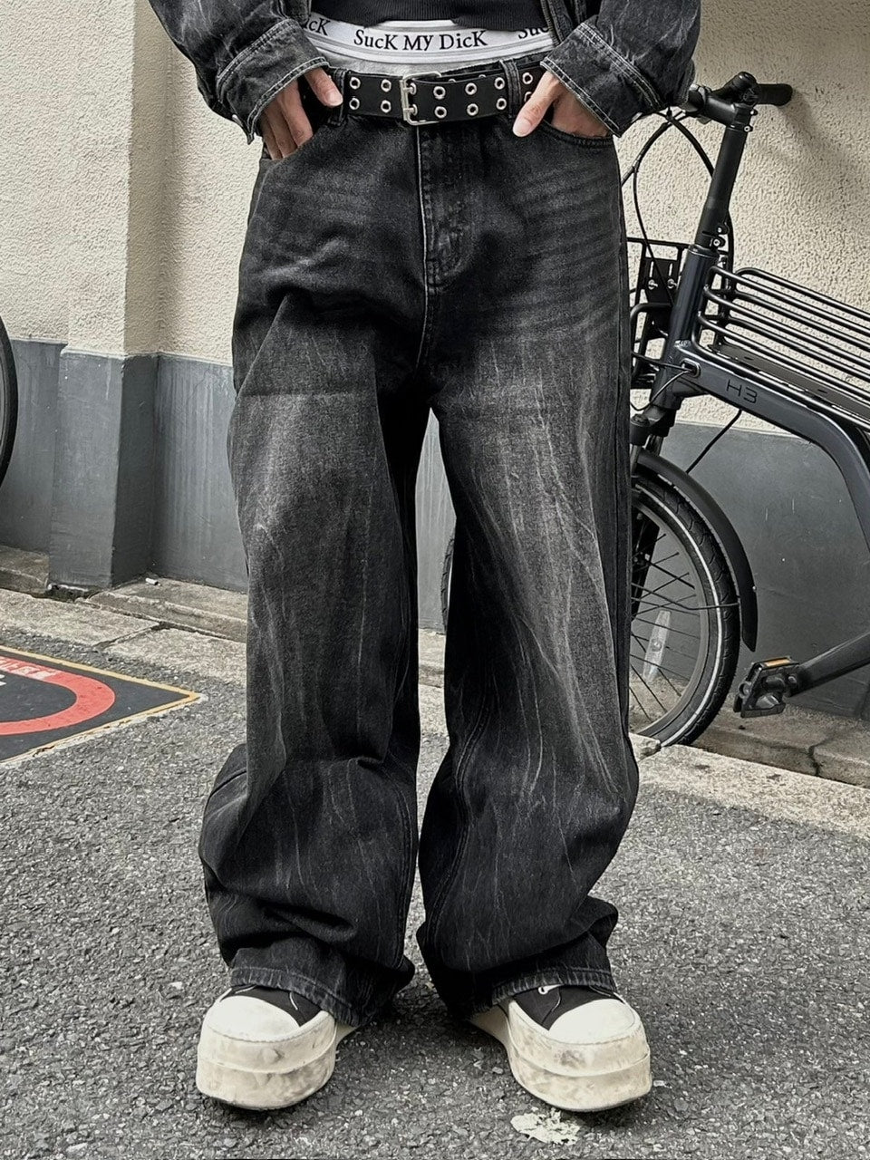 大阪店WEB限定受注制【Chikashitsu +】vintage wash wide denim pants (black)