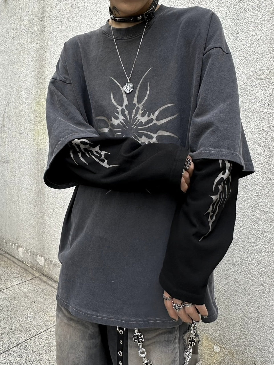 受注制【Never mind the XU】tribal layered long sleeve tee