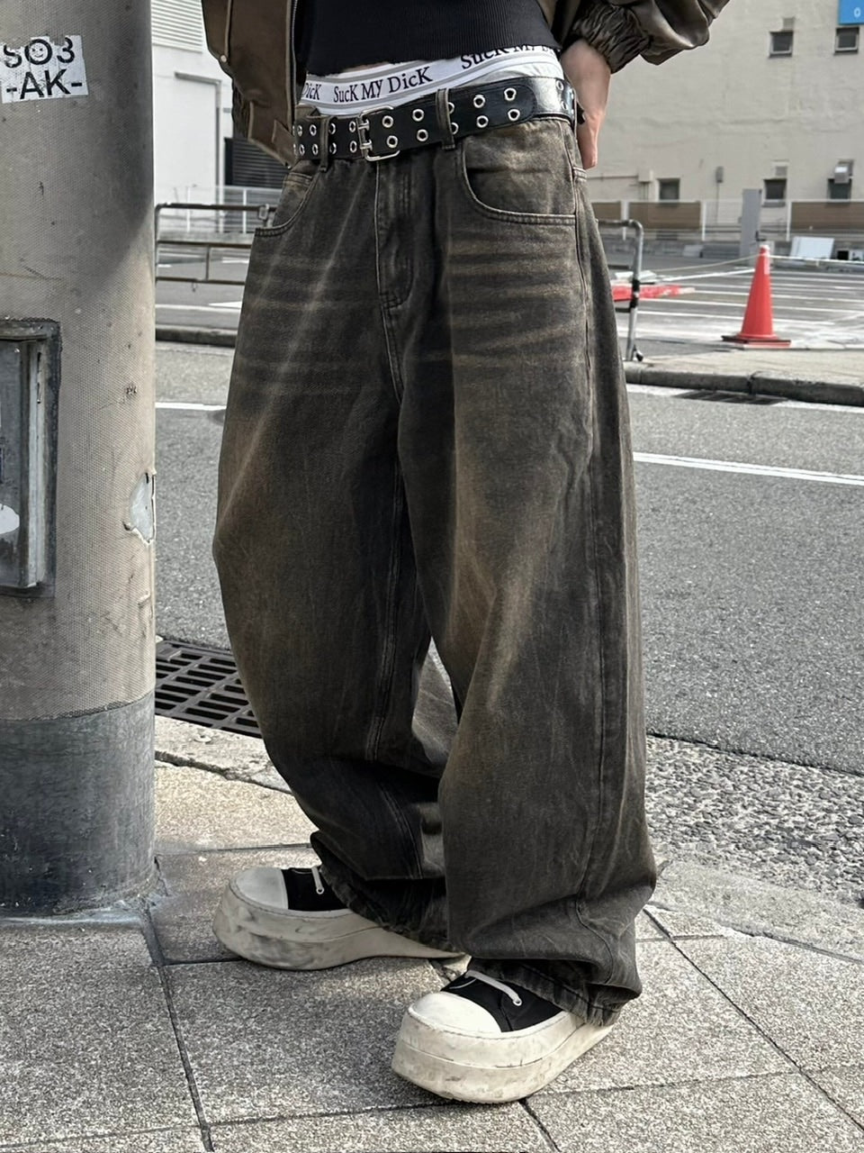 大阪店WEB限定受注制【Chikashitsu +】vintage wash wide denim pants (brown)