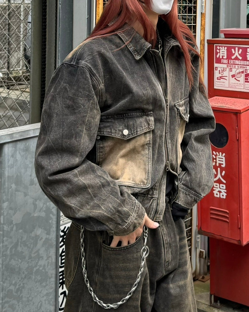 大阪店WEB限定受注制【Chikashitsu +】vintage wash cropped denim jacket (brown)