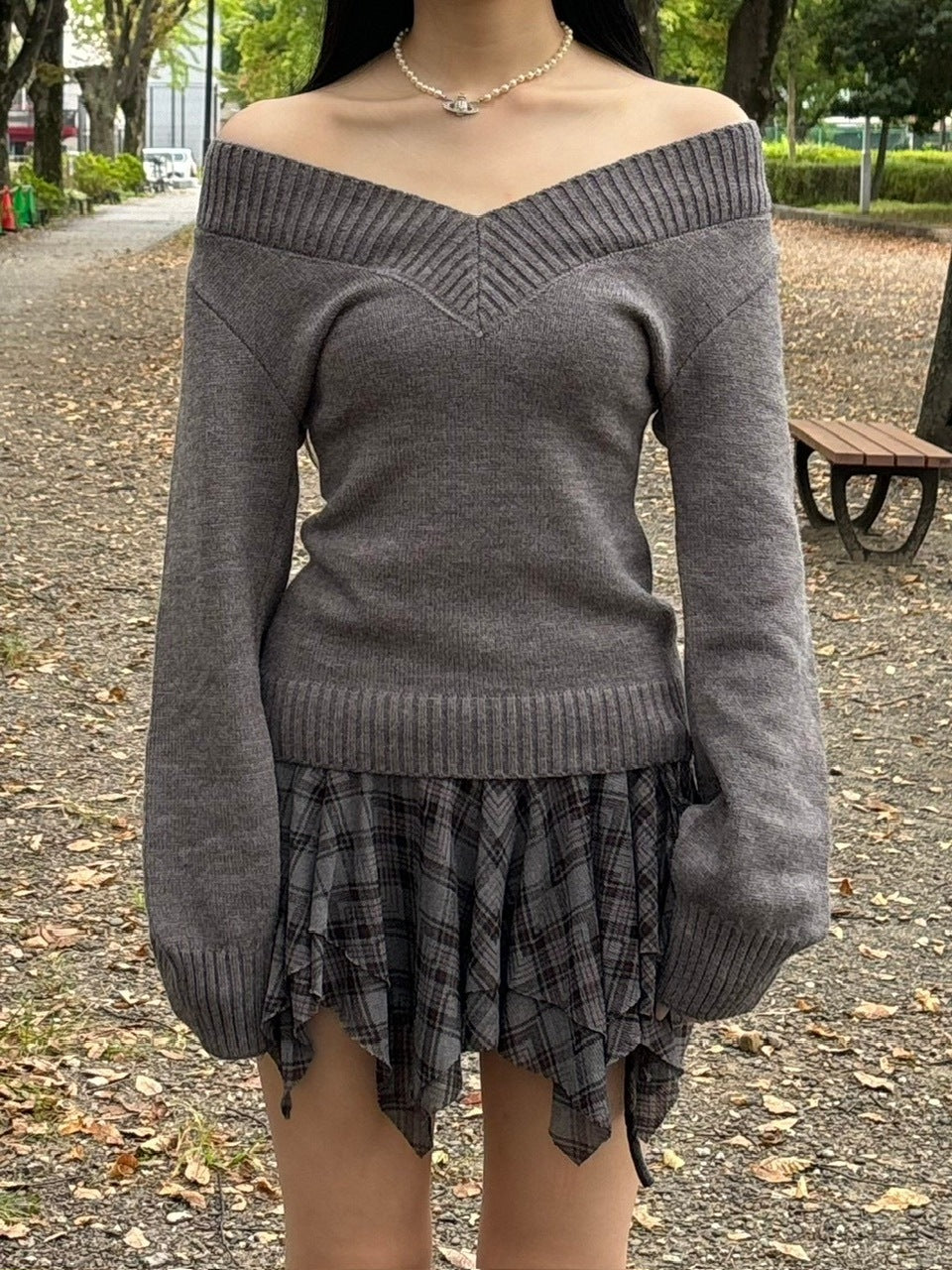 受注制【OaKS】vneck offshoulder knit (3color) – PRESSING WEB SHOP