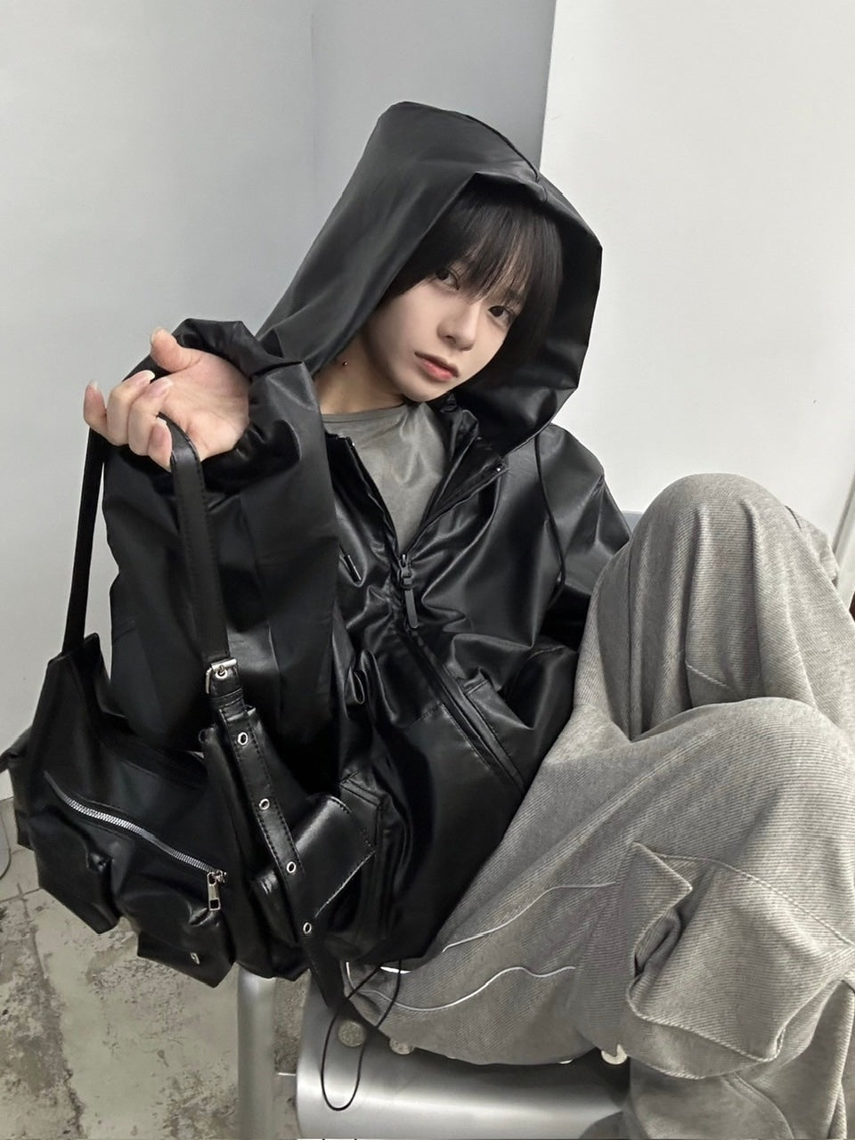 国際配送【LUV CODE】leather hooded jacket