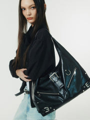 【NOT KNOWING】Black Moto Hobo Bag (LEATHER)