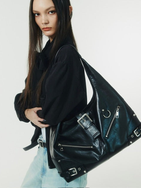 【NOT KNOWING】Black Moto Hobo Bag (LEATHER)