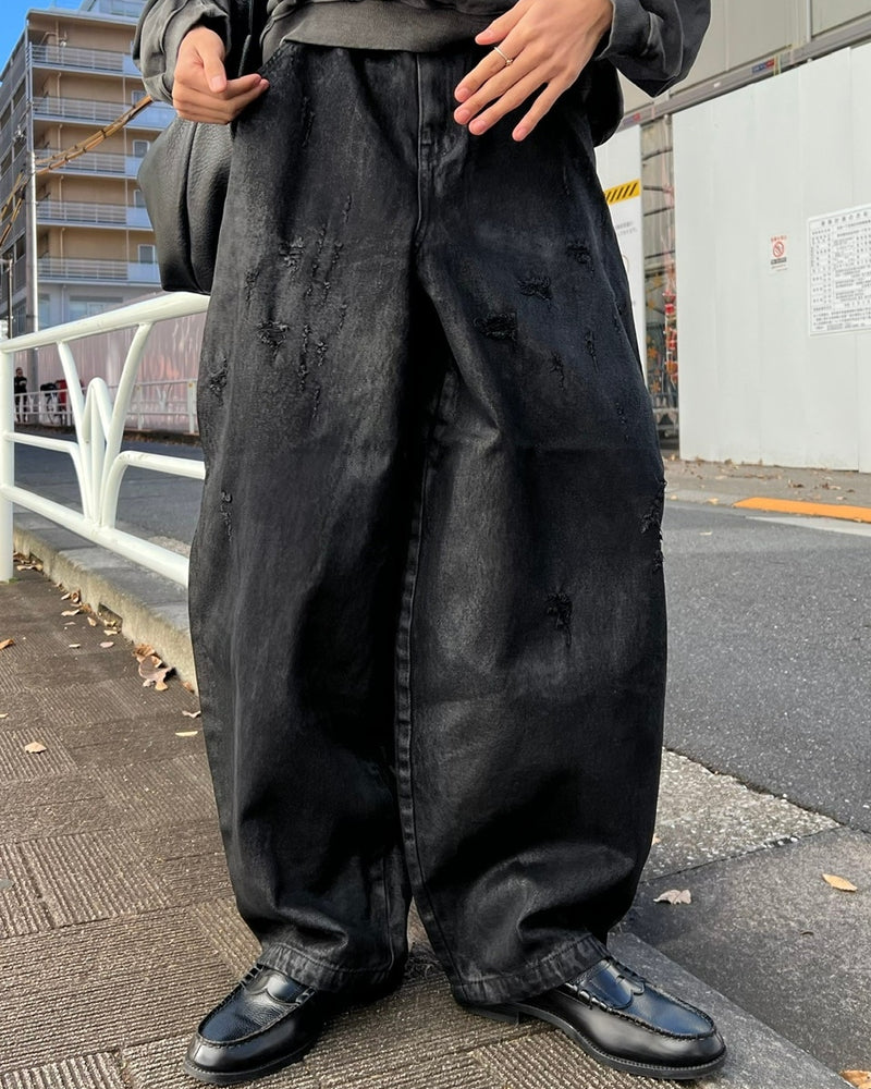 受注制【Chikashitsu +】coating damage wide denim pants / 【チカシツプラス】コーティングダメージワイドデニムパンツ