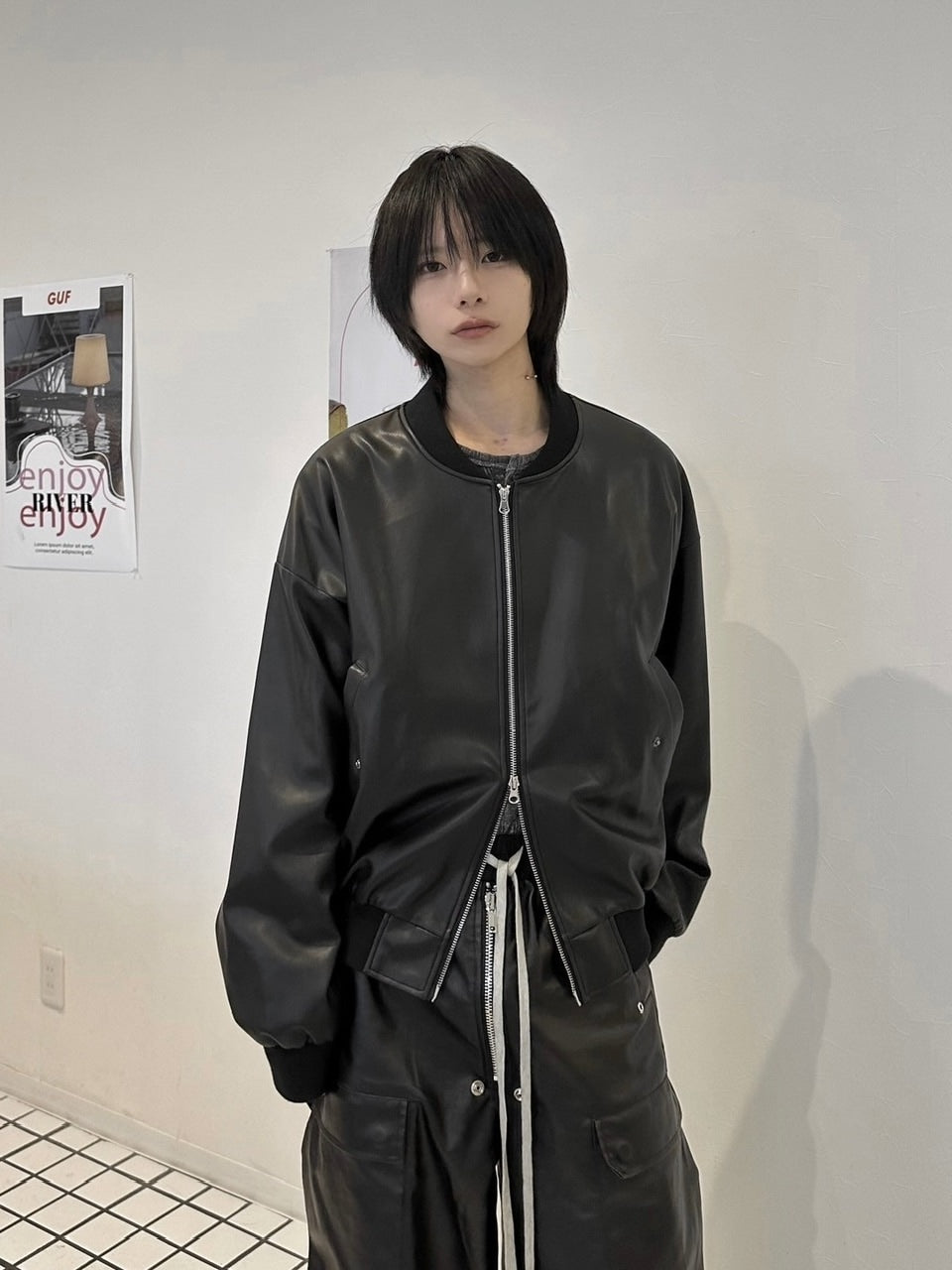 国際配送【LUV CODE】double zip up leather jacket