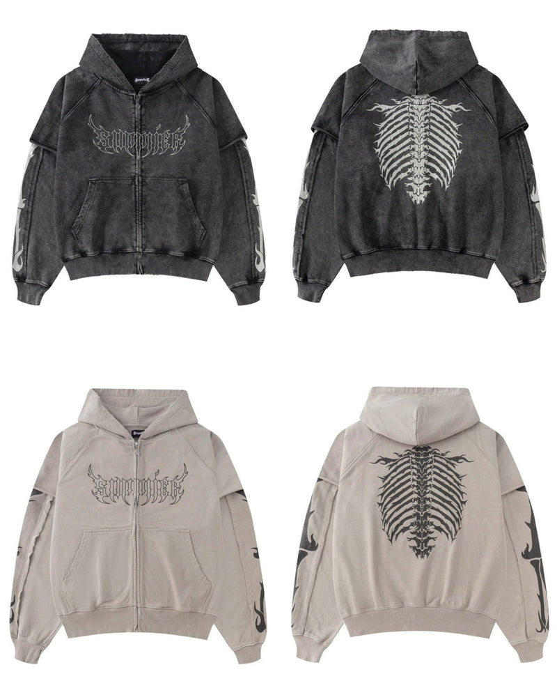 【SUPPLIER】Fire Bones Layered Sleeve Zip Hoodie