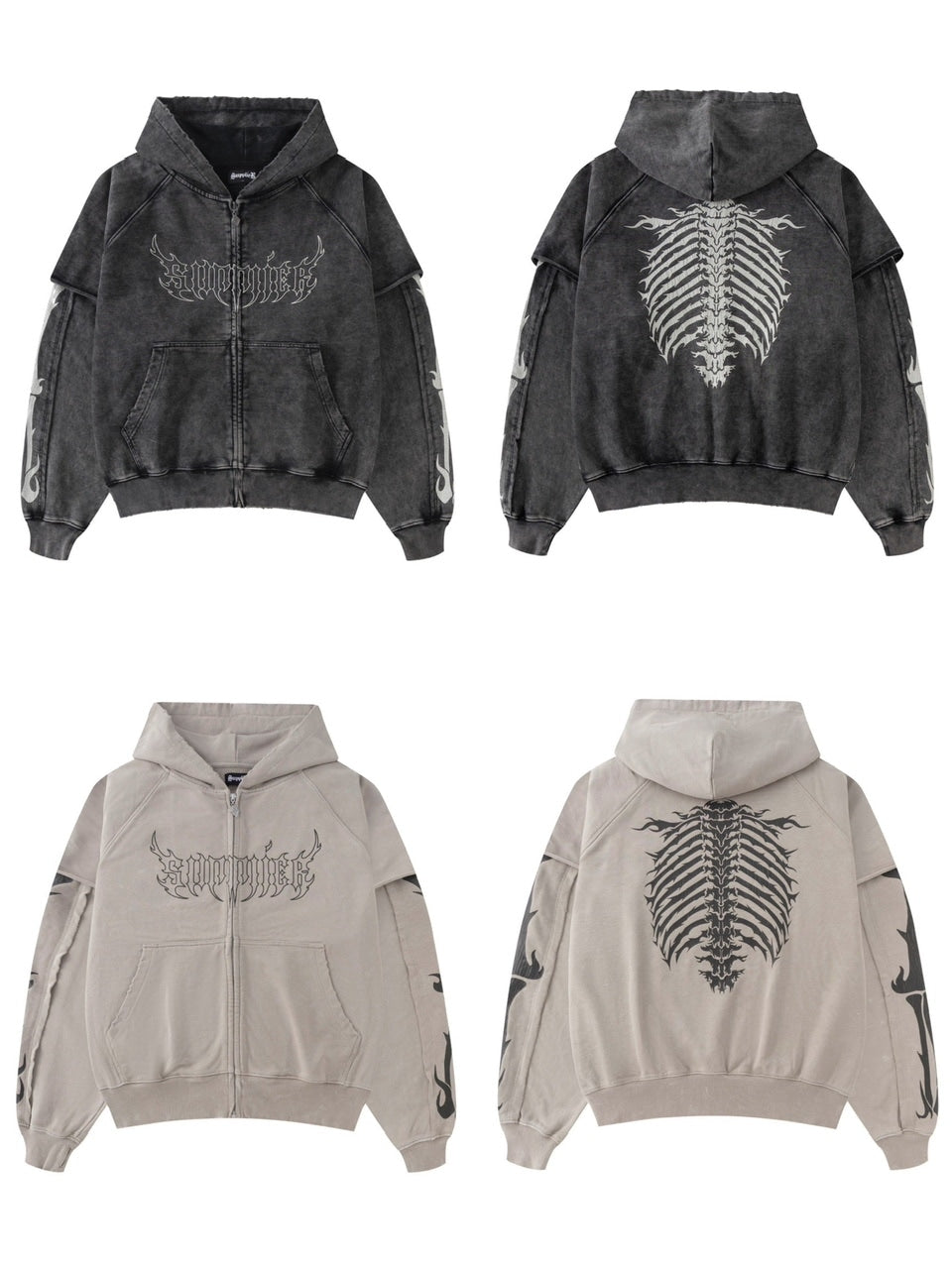 【SUPPLIER】Fire Bones Layered Sleeve Zip Hoodie