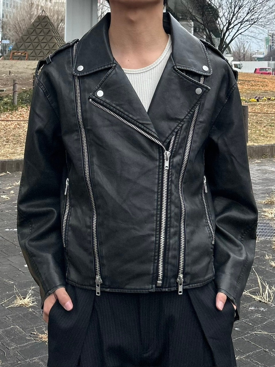 受注制【Chikashitsu +】aging wash cropped riders jacket