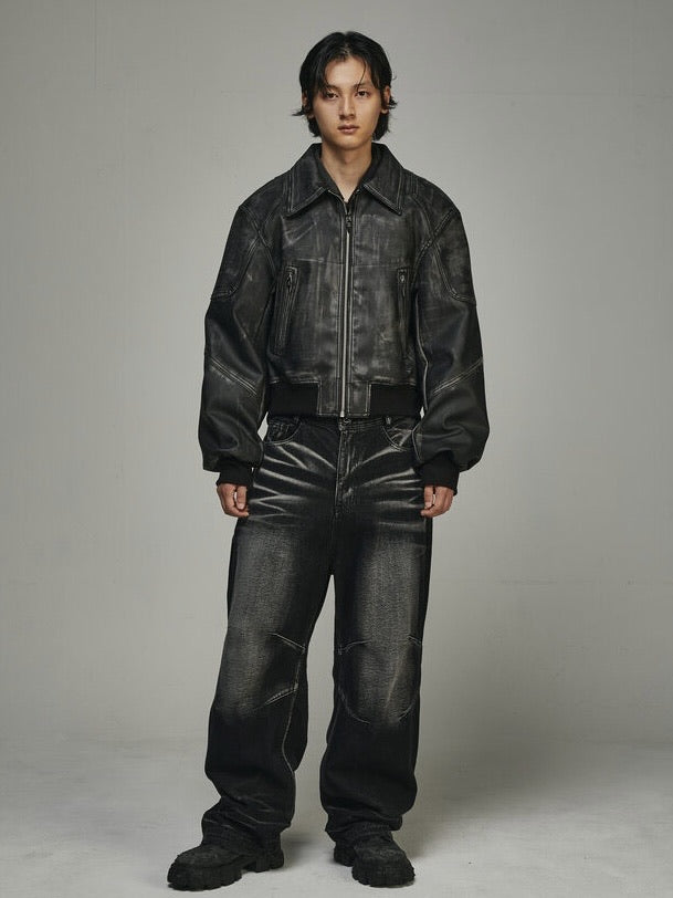 【BLR BLUER】EMBOSSED WAVE WASHING WIDE DENIM PANTS