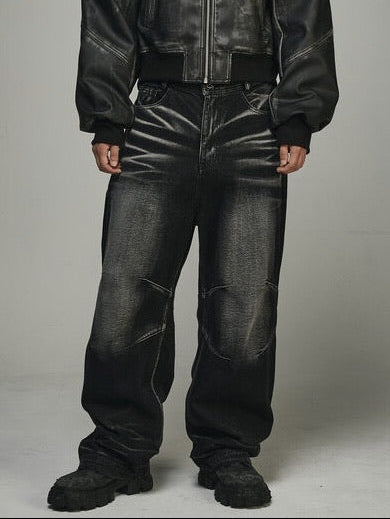 【BLR BLUER】EMBOSSED WAVE WASHING WIDE DENIM PANTS