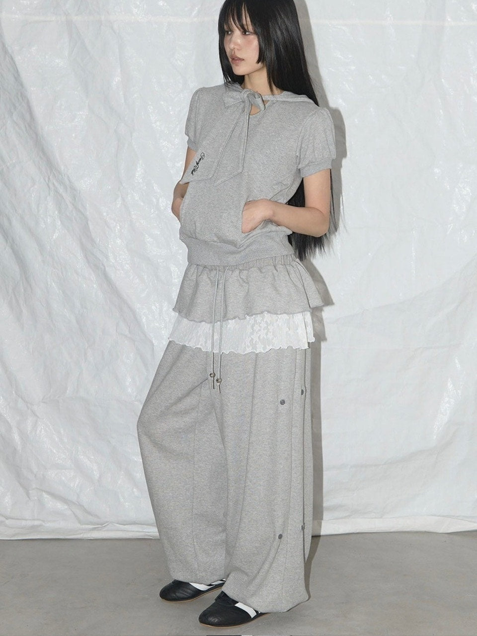 【FANCY CLUB】PUFF ROUND SCARF HOODIE / 【ファンシークラブ】パフスリーブラウンドネックスカーフショートパーカー