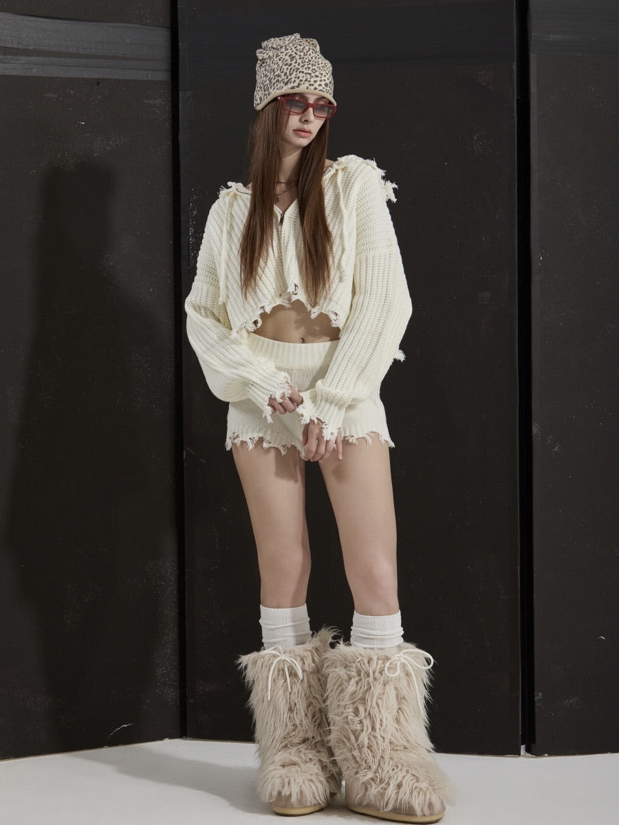 【GATELESS】RIB KNIT ZIP-UP HOODIE