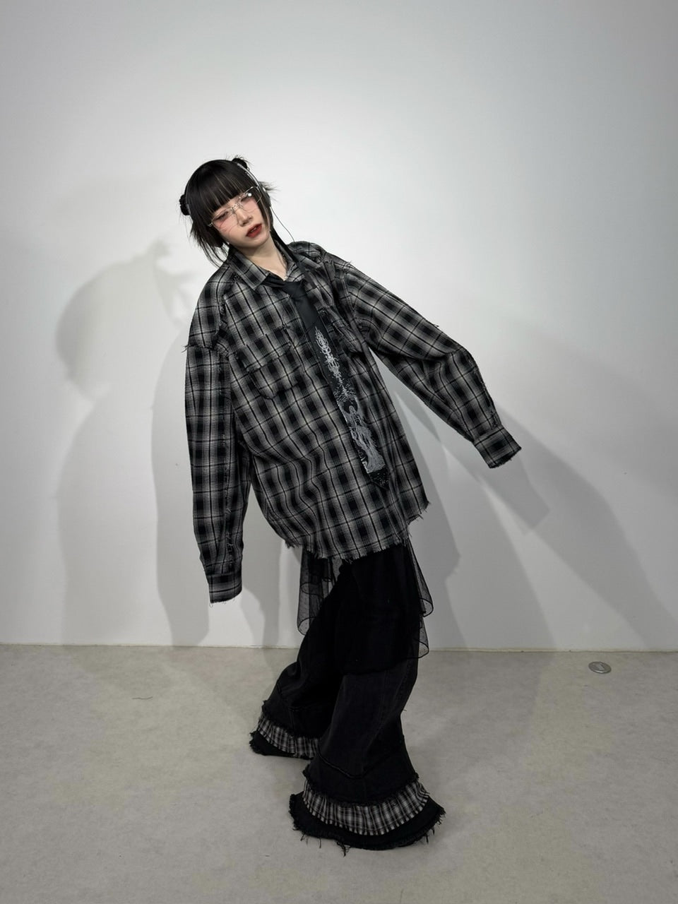 国際配送【Nerd out XU】check frill hem flare denim pants / 【ナードアウトエックスユー】チェックフリルヘムフレアデニムパンツ