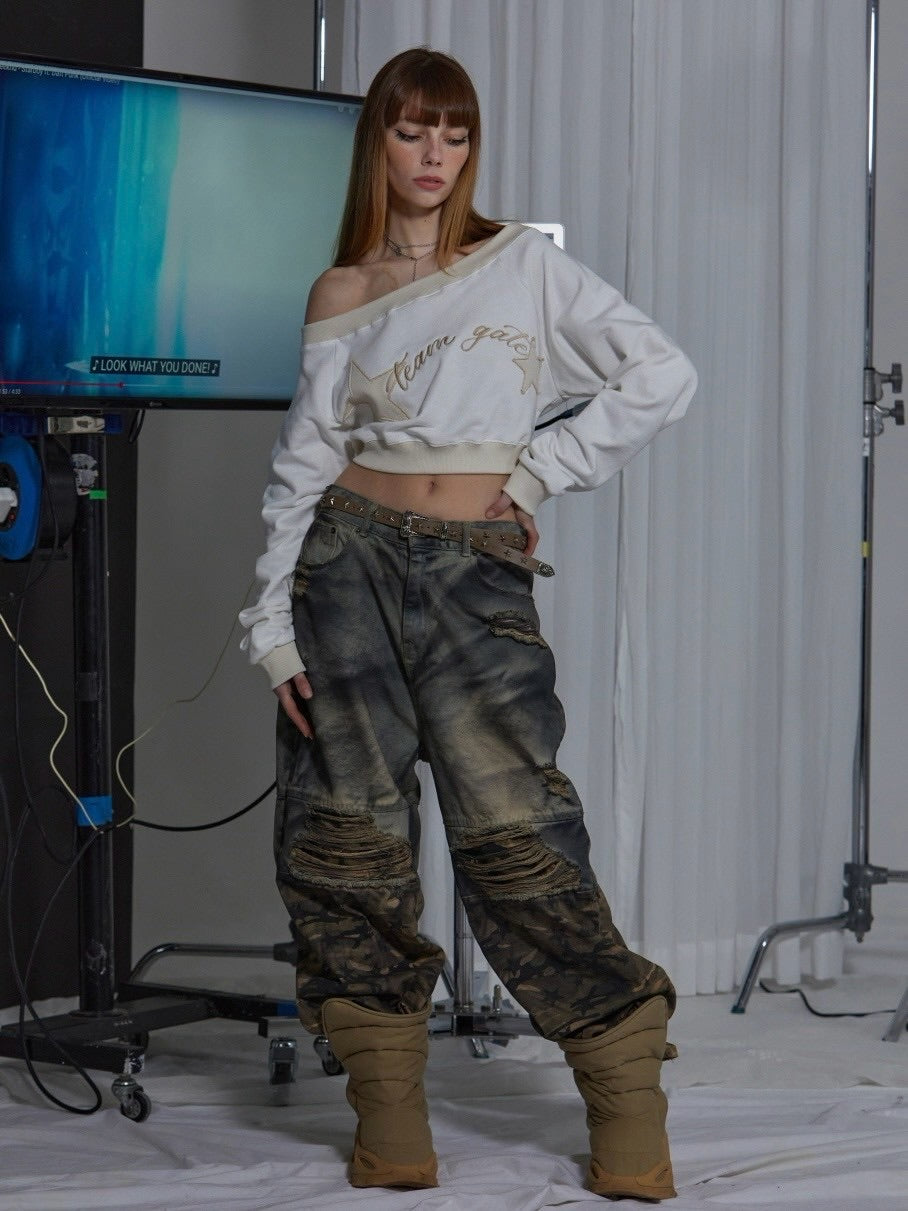 【GATELESS】OFF SHOULDER CROPPED SWEAT SHIRT