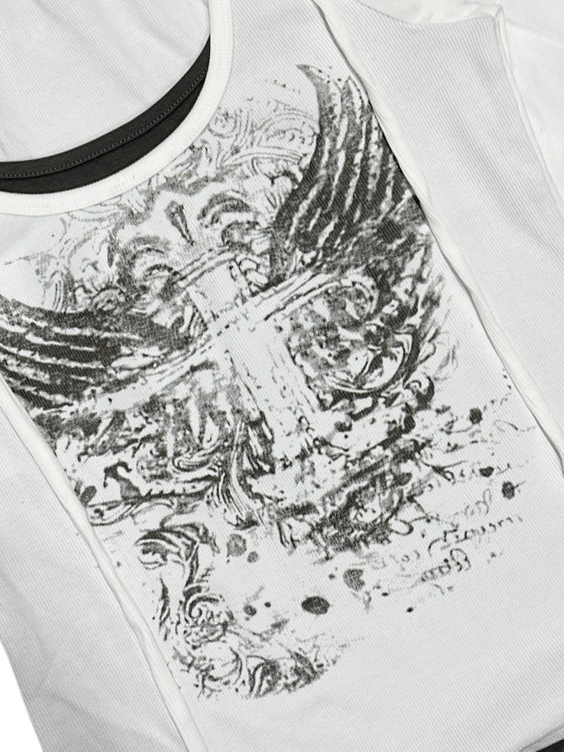 【Never mind the XU】tie set cross wing long sleeve tee (3color) / 【ネバーマインドザエックスユー】ネクタイセットクロスウィングプリント長袖Tシャツ
