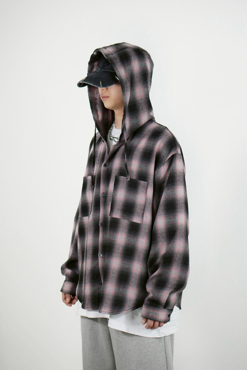 受注制【Chikashitsu +】tartan check hooded shirt (3color) / 【チカシツプラス】タータンチェックフード付き長袖シャツ