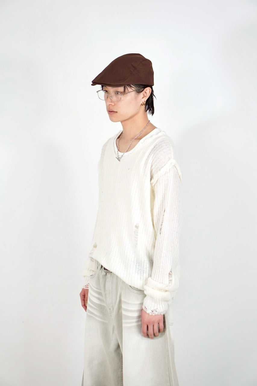 【Chikashitsu +】damage reverse v neck knit (3color) / 【チカシツプラス】リバースVネックダメージニット