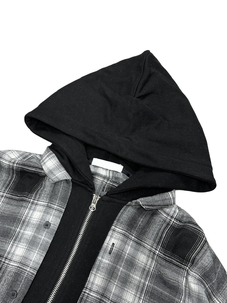 受注制【Never mind the XU】layered check shirts / 【ネバーマインドザエックスユー】レイヤードチェックフード長袖シャツパーカー