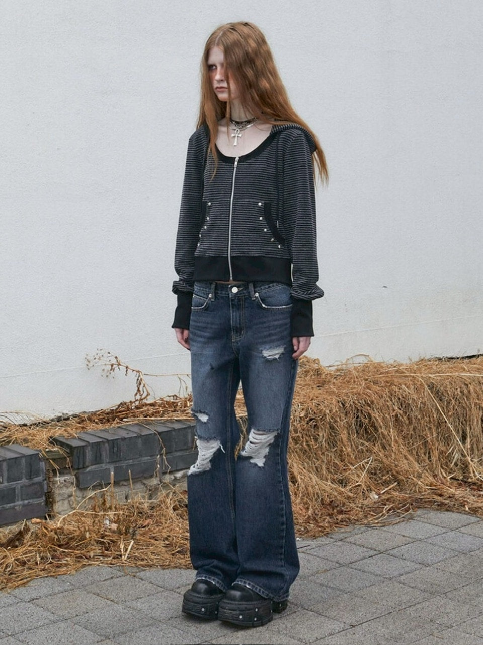 【NOT KNOWING】U Neck Stripe Hood Zip Up