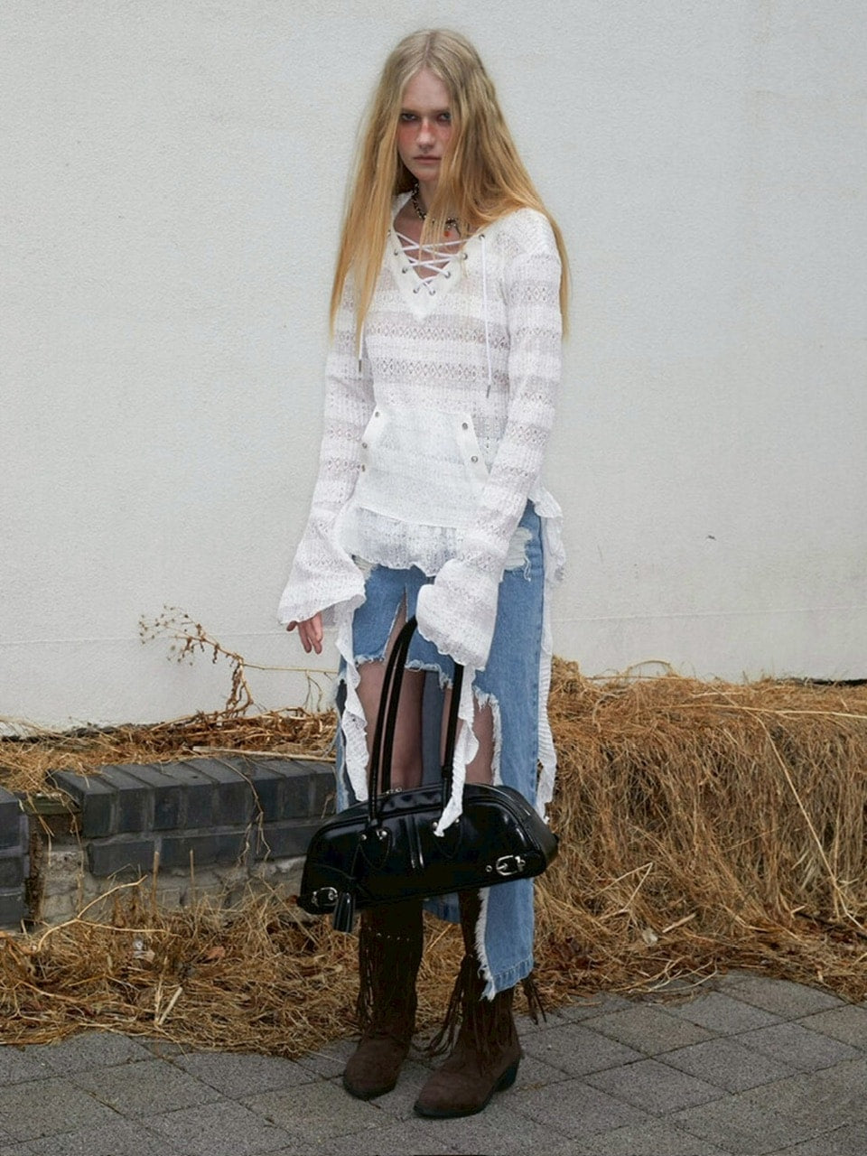 【NOT KNOWING】Lace V Neck Ruffle Hoodie