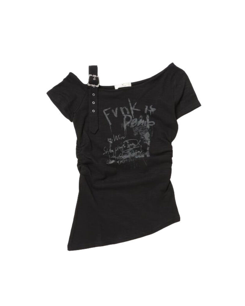 受注制【Never mind the XU】one shoulder punk tops (3color) / 【ネバーマインドザエックスユー】ワンショルダーパンクプリント半袖トップス